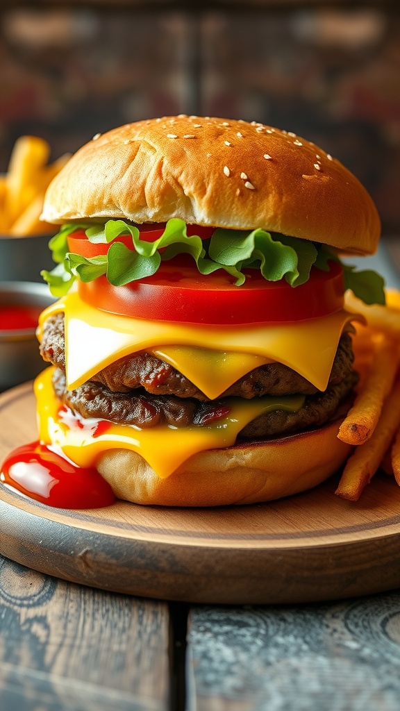 A classic cheeseburger with lettuce, tomato, and fries on a wooden table.